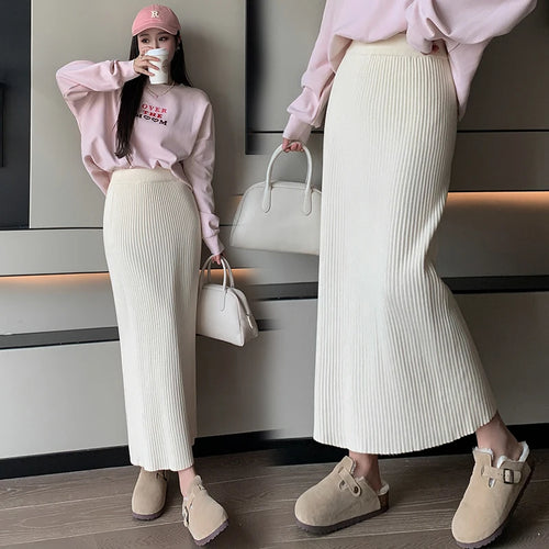 Load image into Gallery viewer, Autumn Winter Women Solid Straight Knitted Skirt Elastic High Waist Office Ladies Striped Wrapped Hip Long Skirts Popular
