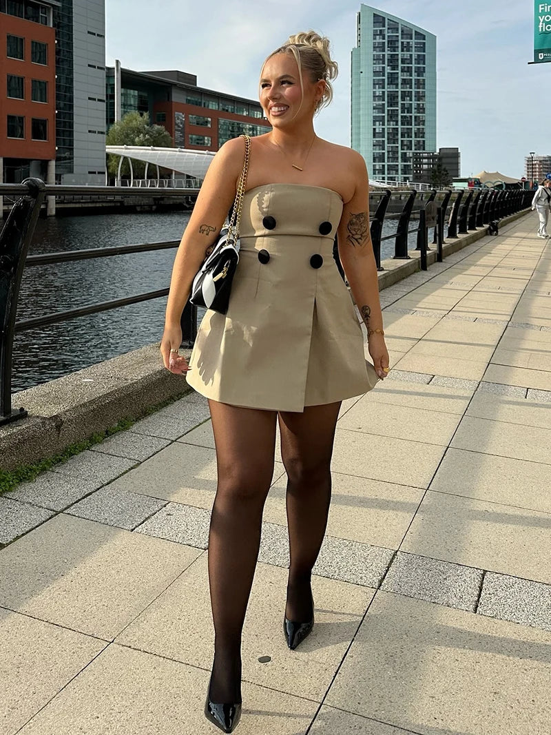 Off-shoulder Strapless Sexy Mini Dress For Women Khaki Fashion High Waist Backless Sleeveless Club Party Dress Elegant