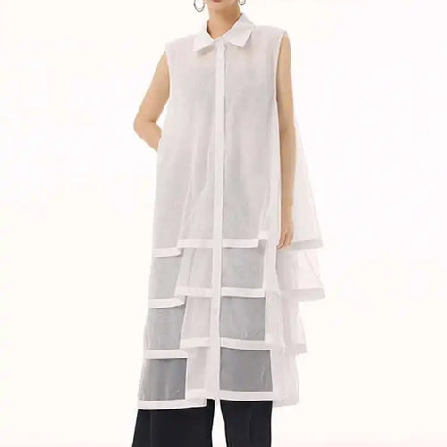 Load image into Gallery viewer, Women Black Layers Mesh Big Size Midi Vest Shirt Dress New Lapel Sleeveless Fashion Tide Spring Summer 2025 1DH9472
