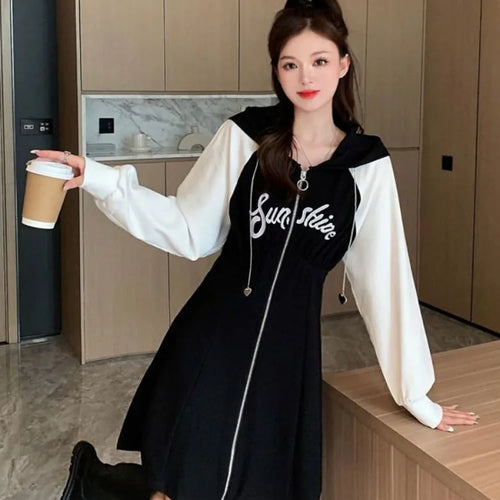 Load image into Gallery viewer, Korean Style Oversize Hooded Dress Women Preppy Style School Student Casual Letter Sport Mini Short Dresses Autumn
