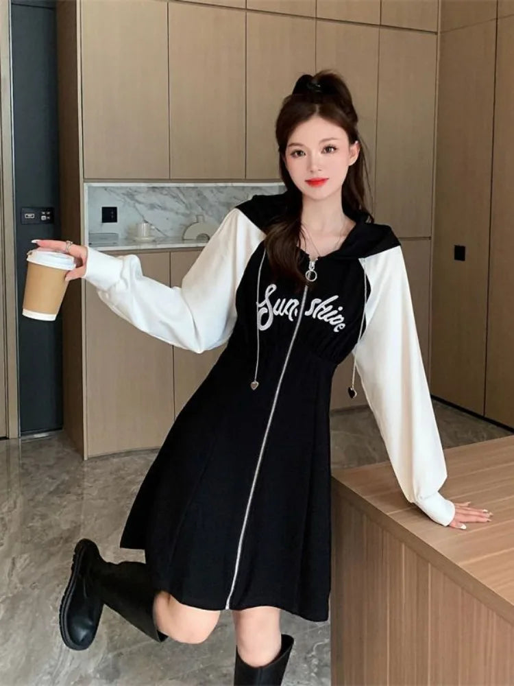 Korean Style Oversize Hooded Dress Women Preppy Style School Student Casual Letter Sport Mini Short Dresses Autumn