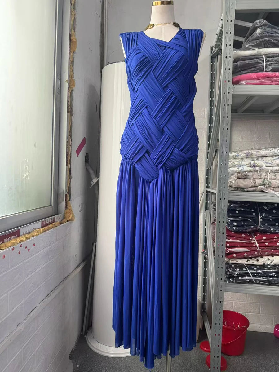 Slimming Sheer Spliced Shirring Fashion Dresses for Women Round Neck Sleeveless Split Elegant Dress Female Clothing