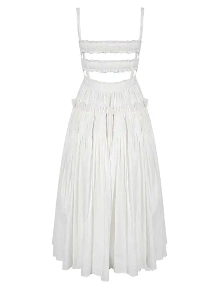 Women White Sling Backless Pleated Shrink Waist Slim Vintage Dress New Square Collar Fashion Spring Autumn 2025 JF54801