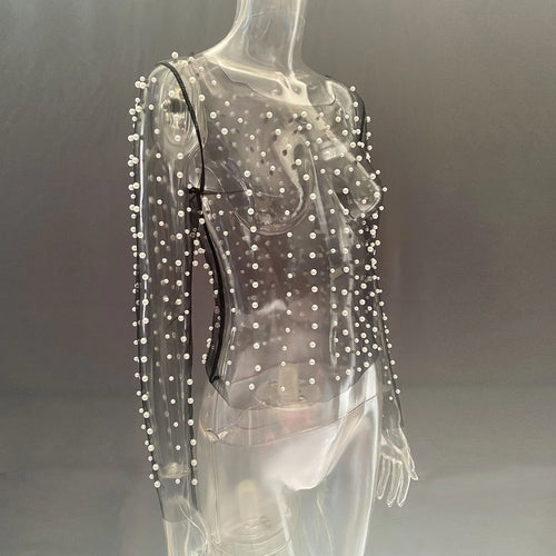 Load image into Gallery viewer, Pearl Mesh See Through T-shirt Women Fashion Long Sleeve Pullover Blouse Ladies Summer U Neck Sexy Tee Shirt Tops
