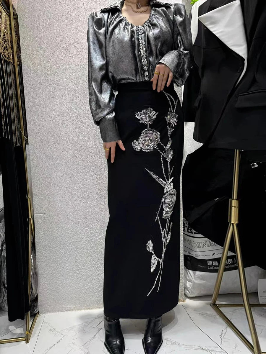 Hit Color Spliced Diamonds Two Piece Set For Women O Neck Short Sleeve Top High Waist Skirt Sets Female Fashion New