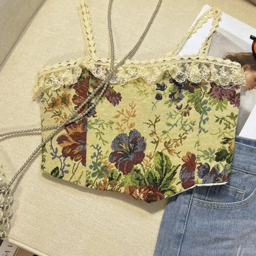 Load image into Gallery viewer, Retro Lace Painting Flower Print Tank Tops Summer Camisole Women's Elegant Slim Asymmetrical Short Slip Vest Sexy Club Y2k Boho
