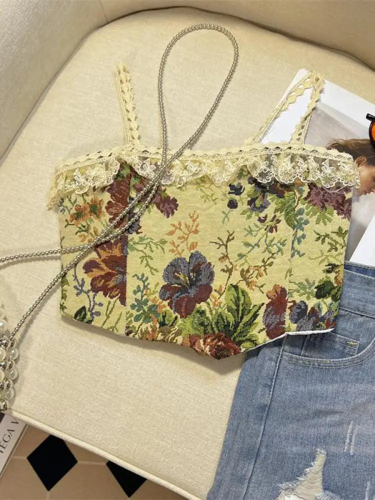 Retro Lace Painting Flower Print Tank Tops Summer Camisole Women's Elegant Slim Asymmetrical Short Slip Vest Sexy Club Y2k Boho