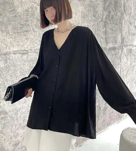 Women Black Elegant Big Size Casual Blouse New V-neck Long Sleeve Loose Fit Shirt Fashion Tide Spring Autumn 2025 1DH0656