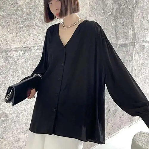 Load image into Gallery viewer, Women Black Elegant Big Size Casual Blouse New V-neck Long Sleeve Loose Fit Shirt Fashion Tide Spring Autumn 2025 1DH0656
