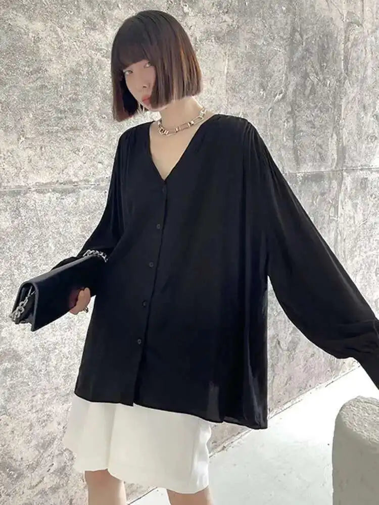Women Black Elegant Big Size Casual Blouse New V-neck Long Sleeve Loose Fit Shirt Fashion Tide Spring Autumn 2025 1DH0656