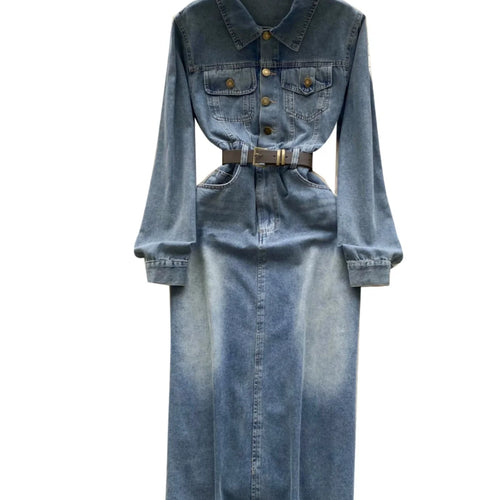 Load image into Gallery viewer, Autumn Retro Blue Long Sleeves Single Breasted Denim Long Dress Korean Fashion Women Slim High Waist A-line Jeans Dresses Simple
