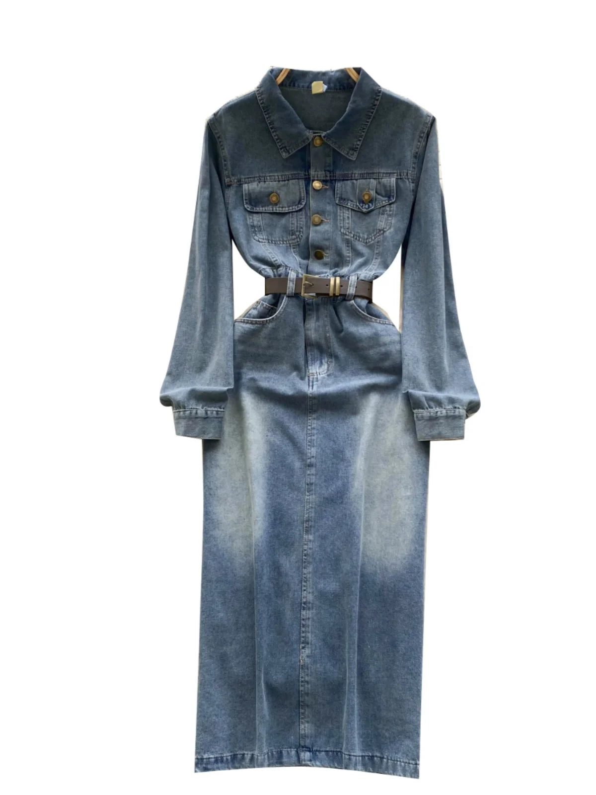Autumn Retro Blue Long Sleeves Single Breasted Denim Long Dress Korean Fashion Women Slim High Waist A-line Jeans Dresses Simple