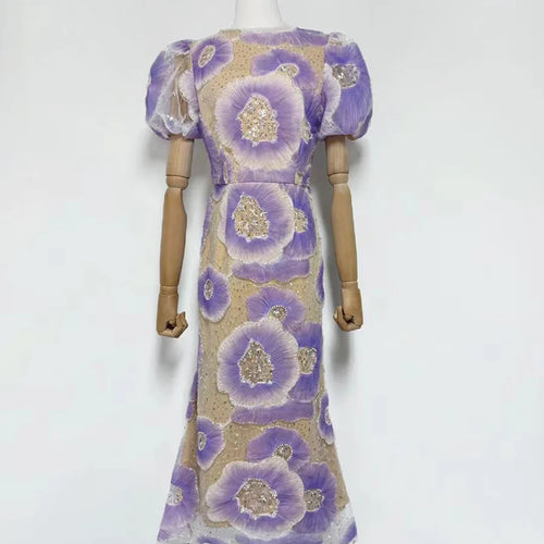 Load image into Gallery viewer, Hit Color Printing Spliced Bead Dresses for Women Round Neck Short Sleeves High Waist Temperament Long Dress Female
