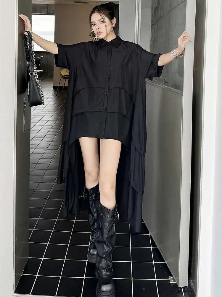 Women Black Layers Back Long Big Size Long Shirt Dress New Lapel Short Sleeve Fashion Tide Spring Summer 2025 1DH6073
