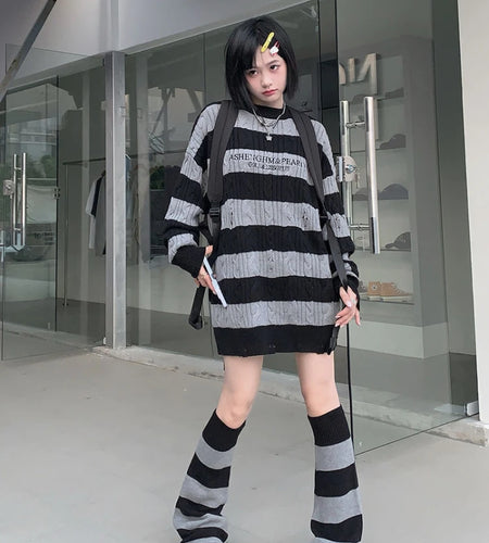 Gothic Sweaters Women Two Pieces Set Harajuku Knitted Striped Jumper + Leg Warmmer Y2k Aesthetic Grunge Tops Streetwear