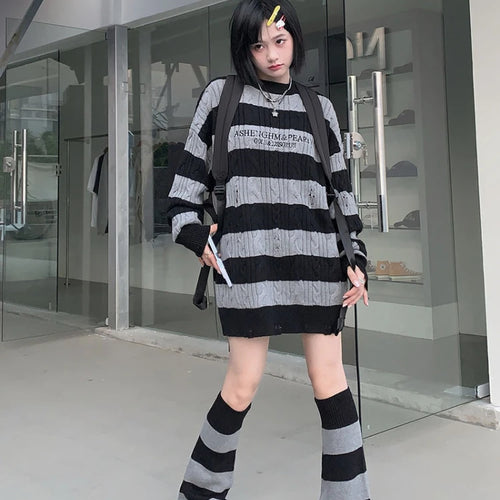 Load image into Gallery viewer, Gothic Sweaters Women Two Pieces Set Harajuku Knitted Striped Jumper + Leg Warmmer Y2k Aesthetic Grunge Tops Streetwear
