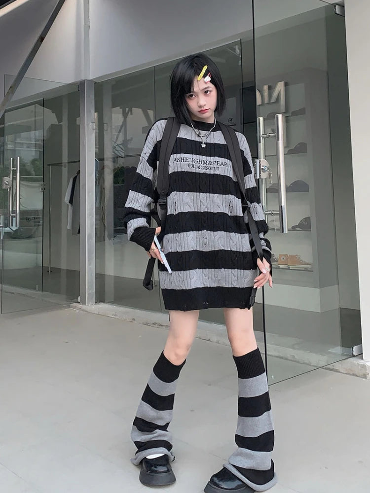 Gothic Sweaters Women Two Pieces Set Harajuku Knitted Striped Jumper + Leg Warmmer Y2k Aesthetic Grunge Tops Streetwear