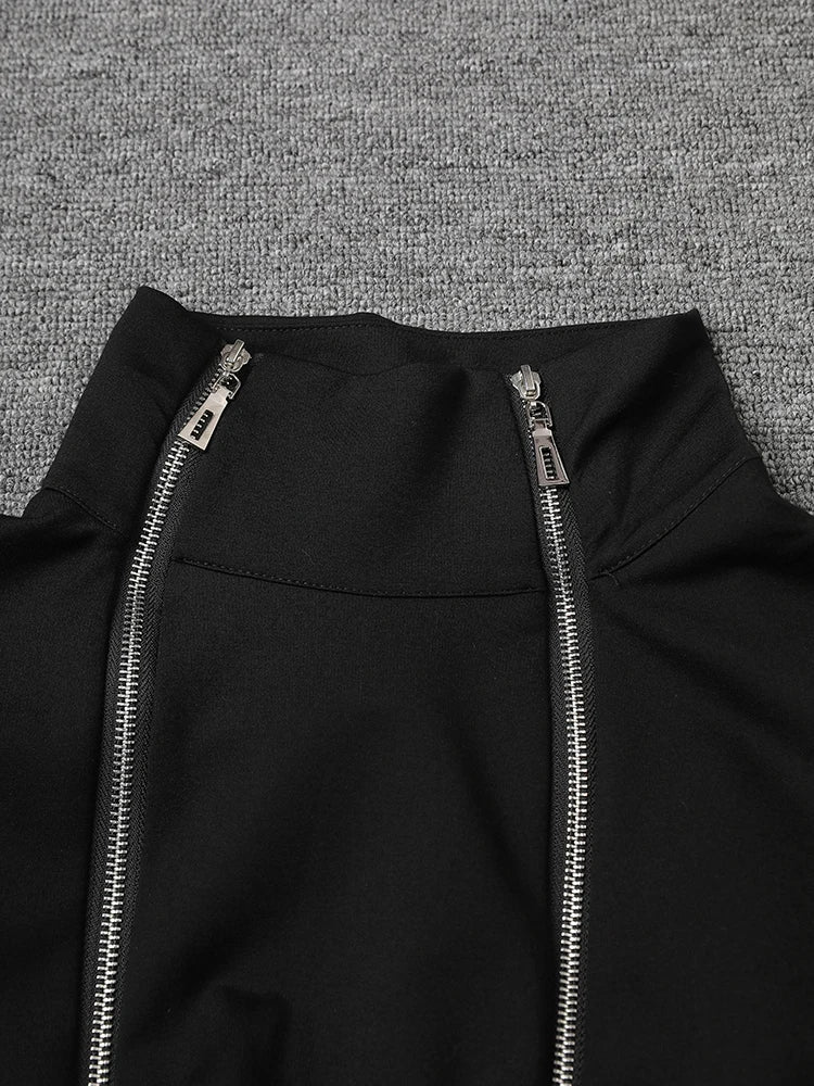 Women Black Zipper Irregular Hem Slit Midi Dress New Turtleneck Long Sleeve Fashion Tide Spring Autumn 2025 1DH9354