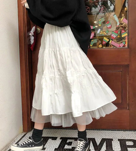 Long Tulle Midi Skirts Womens 2024 Autumn Elastic High Waist Mesh Tutu Pleated Skirts Female Black White Long Skirt Streetwear