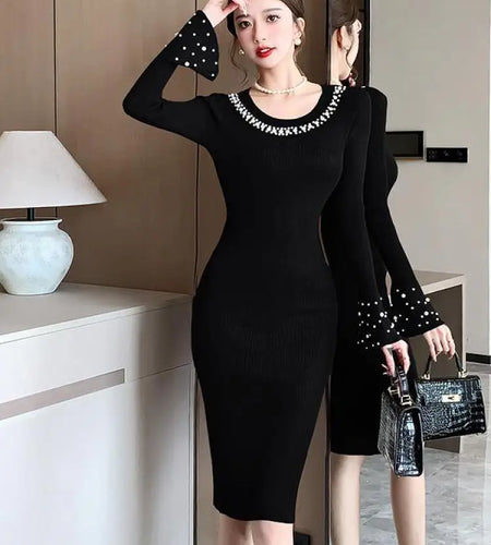 Korean Solid Pearl Simple Round Neck Long Sleeved Knitting Dress Women Elegant Long Sleeve Office Dress Autumn Winter 2024 Trend