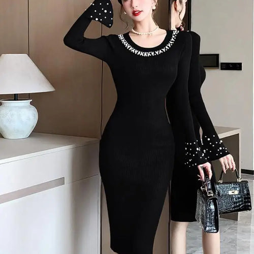 Load image into Gallery viewer, Korean Solid Pearl Simple Round Neck Long Sleeved Knitting Dress Women Elegant Long Sleeve Office Dress Autumn Winter 2024 Trend
