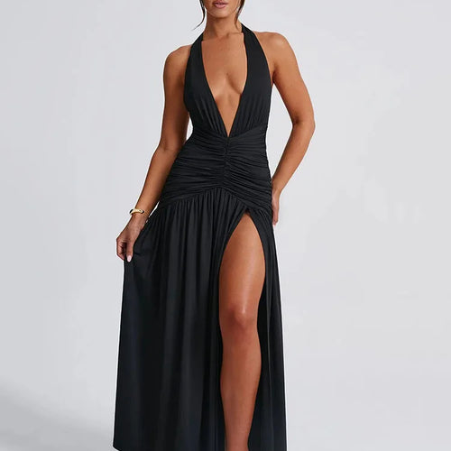 Load image into Gallery viewer, Sexy Hanging Collar Deep V-pleated Split Long Skirt For Women's Elegant Backless Bodycon Evening Dress Summer Partywear
