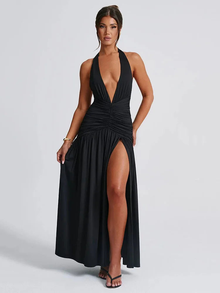 Sexy Hanging Collar Deep V-pleated Split Long Skirt For Women's Elegant Backless Bodycon Evening Dress Summer Partywear