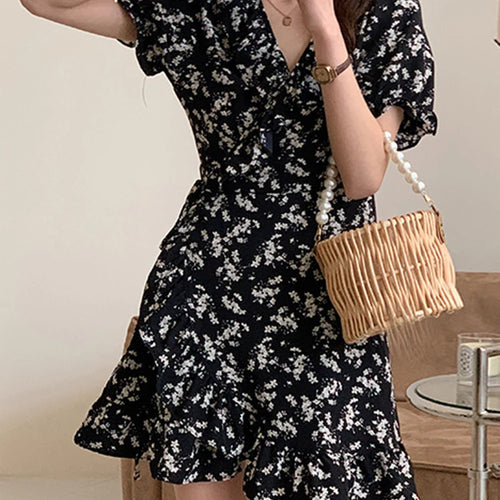 Load image into Gallery viewer, Summer Black Slim Waist Floral Dress French Style V-neck Chiffon Fashion Elegant Female Evening Dresses Chic Office Lady
