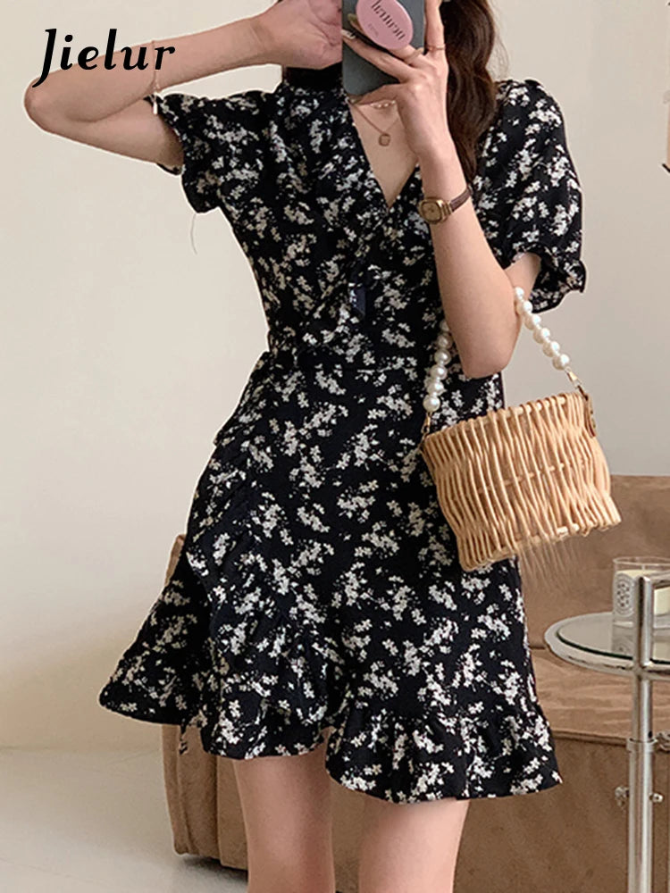 Summer Black Slim Waist Floral Dress French Style V-neck Chiffon Fashion Elegant Female Evening Dresses Chic Office Lady