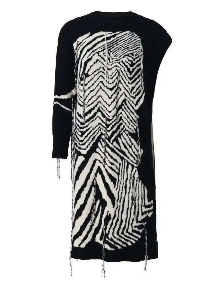 Women  Knitting Striped Tassels Big Size Dress New Round Neck Long Sleeve Loose Fit Fashion Tide Spring Autumn 2025 SG592