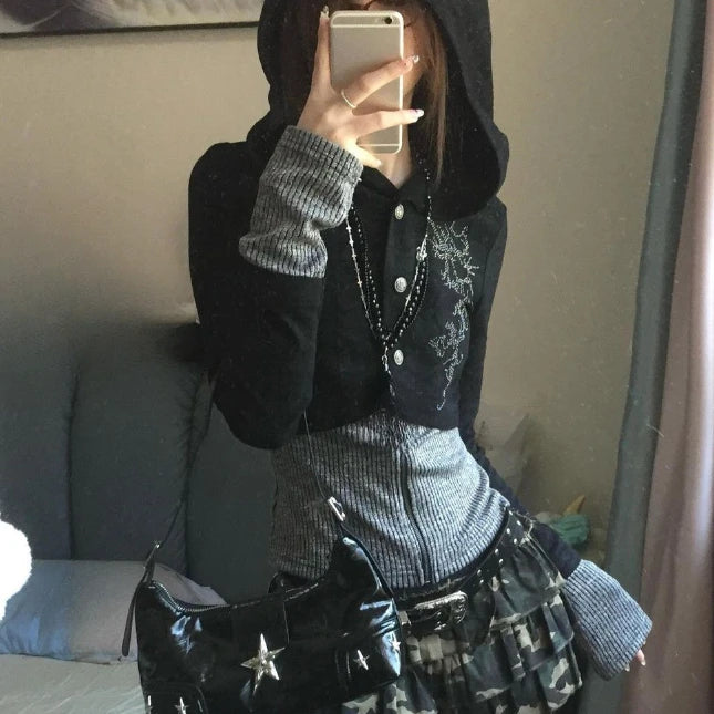 Y2k Aesthetic Fake Two Pieces Zipper Jackets Streetwear Casual Hooded Print Tops Vintage Patchwork Bodycon Coats Women Harajuku