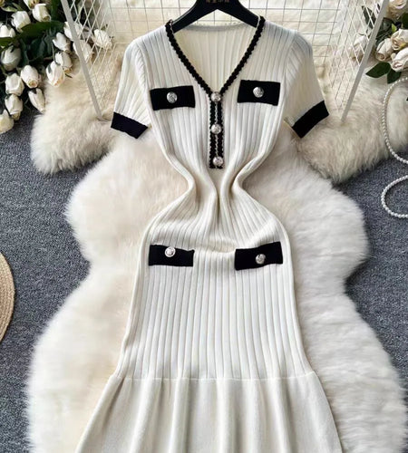 Summer Korean Patchwork V-neck Slim Ruffled Edge Pleated Short Sleeve Midi Dress Women Retro Festival Wrap Hip Knitted Dress Y2k