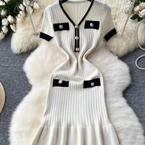 Load image into Gallery viewer, Summer Korean Patchwork V-neck Slim Ruffled Edge Pleated Short Sleeve Midi Dress Women Retro Festival Wrap Hip Knitted Dress Y2k
