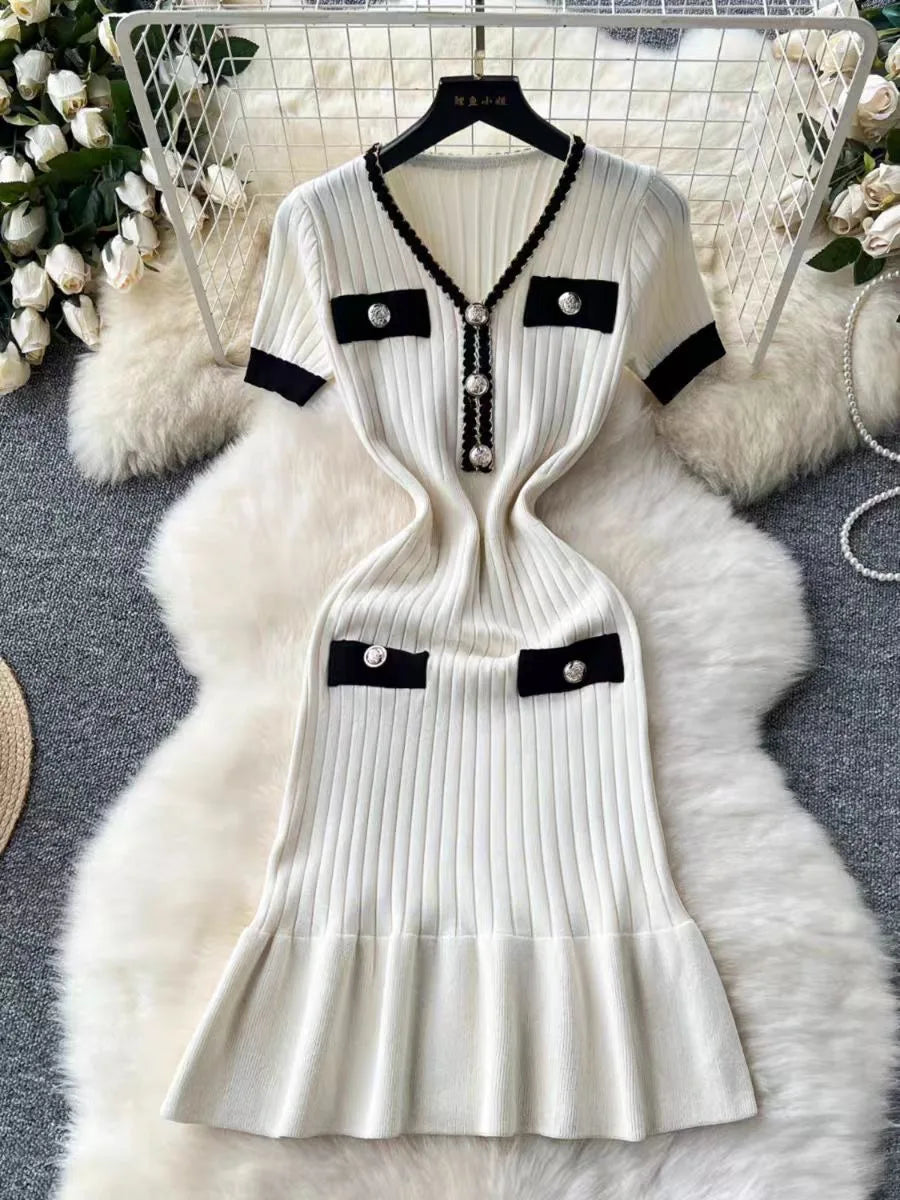 Summer Korean Patchwork V-neck Slim Ruffled Edge Pleated Short Sleeve Midi Dress Women Retro Festival Wrap Hip Knitted Dress Y2k