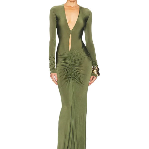Load image into Gallery viewer, Hollow Out Long Sleeve Ruched Sexy Maxi Dress Women Green Deep V Neck Bodycon Evening Club Party Long Dress Elegant
