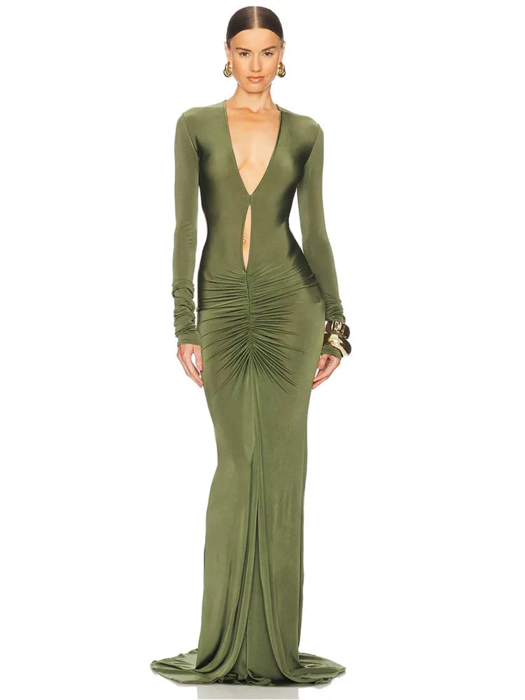 Hollow Out Long Sleeve Ruched Sexy Maxi Dress Women Green Deep V Neck Bodycon Evening Club Party Long Dress Elegant