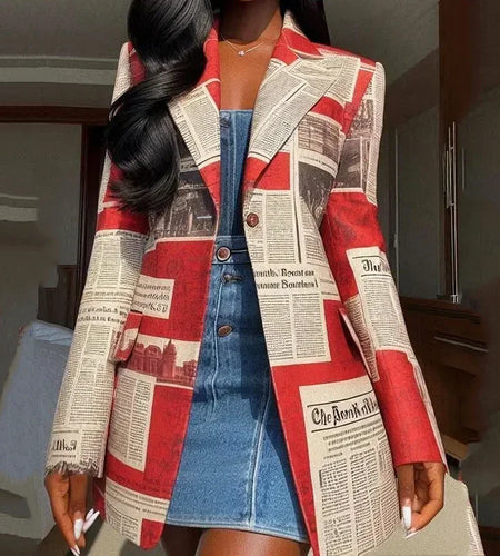Autumn Winter Coat Jackets for Women Newspaper Print Pattern Notched Collar Streetwear Female Long Blazer Outerwear