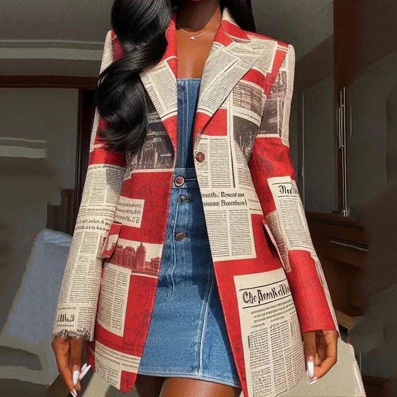Autumn Winter Coat Jackets for Women Newspaper Print Pattern Notched Collar Streetwear Female Long Blazer Outerwear