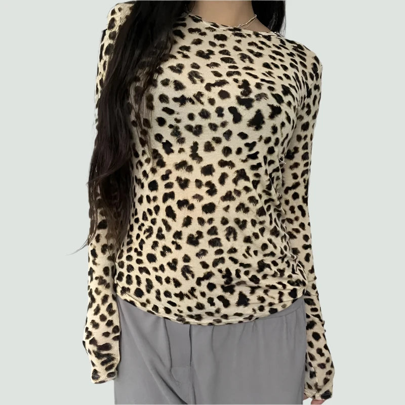 Leopard Print Full Sleeve Top Women Clothing 2024 Fall Fashion Y2k T Shirts P84-AI13