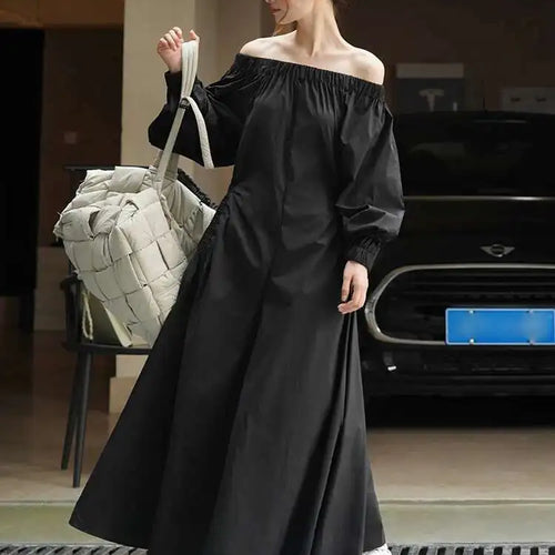 Load image into Gallery viewer, Women Black Brief Long Elegant Dress New Slash Neck Long Puff Sleeve Loose Fit Fashion Tide Spring Autumn 2025 1DF9947
