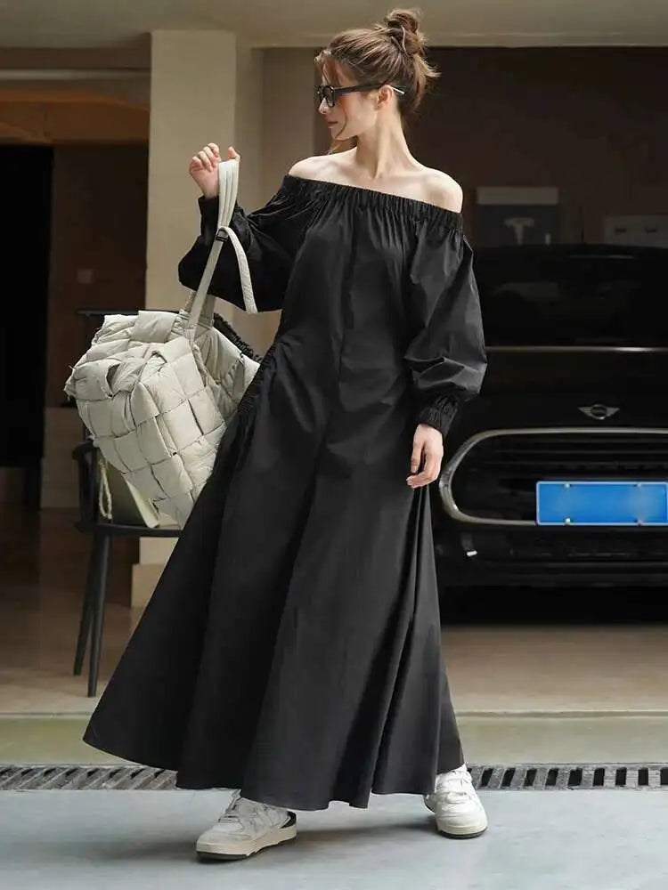 Women Black Brief Long Elegant Dress New Slash Neck Long Puff Sleeve Loose Fit Fashion Tide Spring Autumn 2025 1DF9947