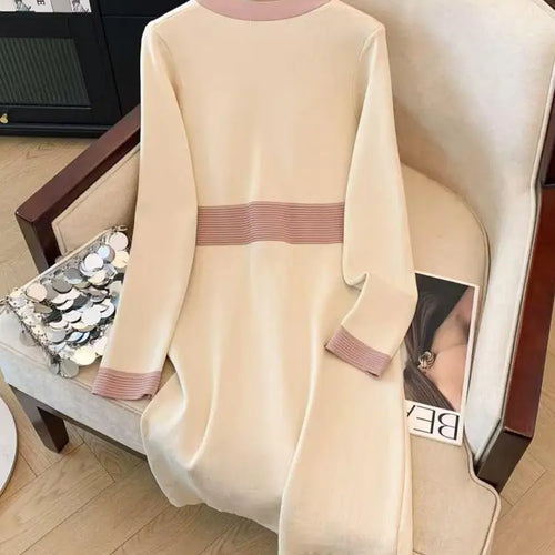 Load image into Gallery viewer, Autumn Winter Beige Single Breasted Long Sleeves Knitted Dress French Women V-neck Elegant Office Ladies Dress Casual Streetwear
