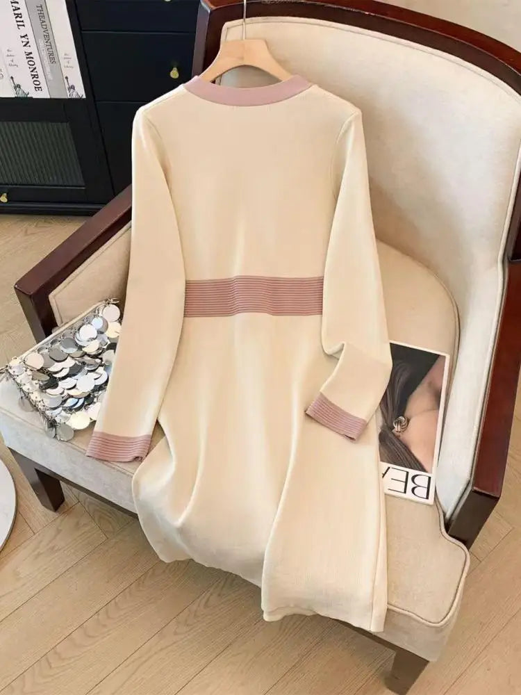 Autumn Winter Beige Single Breasted Long Sleeves Knitted Dress French Women V-neck Elegant Office Ladies Dress Casual Streetwear