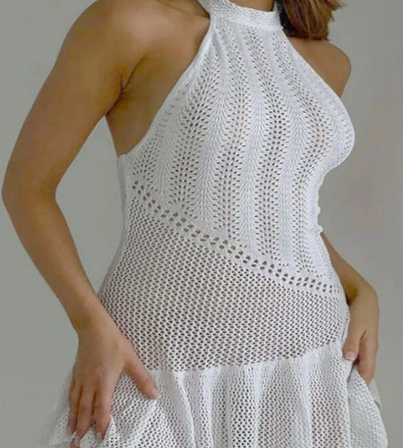 Halter Hollow Out Backless Crochet Knitted Tunic Beach Cover Up Cover-ups Beach Dress Beach Wear Beachwear Female Women V6125