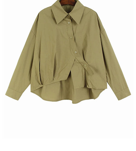 Women Khaki Irregular Hem Big Size Casual Blouse New Lapel Long Sleeve Shirt Fashion Tide Spring Autumn 2025 1DJ0933