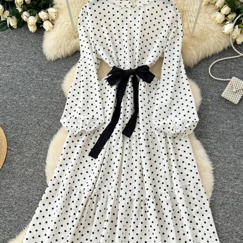 Load image into Gallery viewer, French Retro 2025 Spring New White Polka Dot Elegant Long Sleeves Bow Dress Women Round Neck Vacation Party Pleated Dress Trendy

