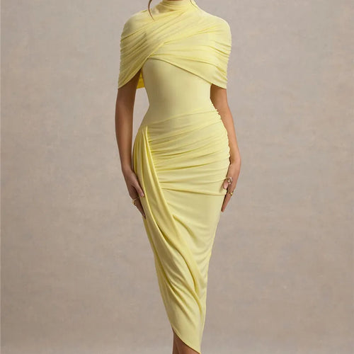 Load image into Gallery viewer, Half Sleeve Backless Ruched Sexy Maxi Dress Women Summer New Turtleneck Slim High Waist Evening Club Party Long Dress
