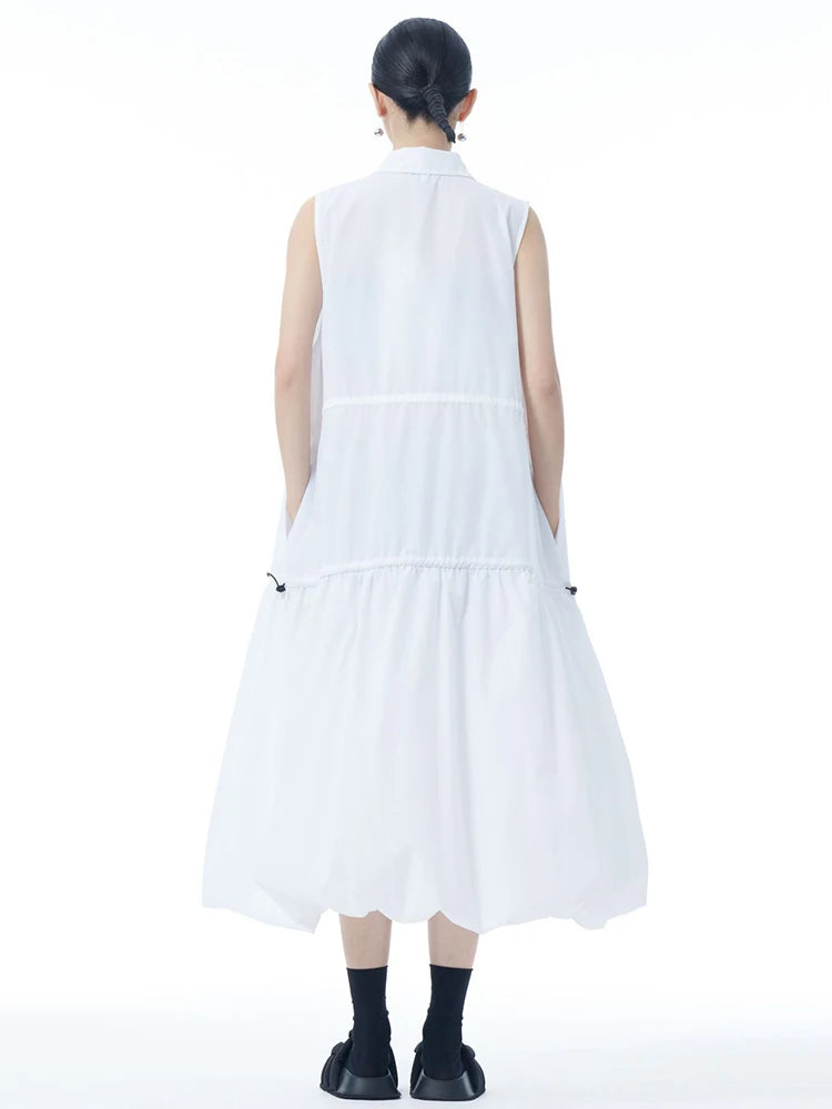 Women Black Brief Pleated Big Size Midi Bud Shirt Dress New Lapel Sleeveless Fashion Tide Spring Autumn 2025 1DJ0955