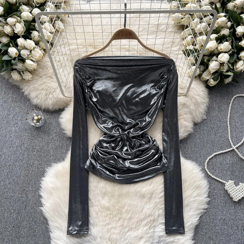 Load image into Gallery viewer, Solid Sexy Off Shoulder Long Sleeve Bright Pleated Tops Women's Autumn 2023 New Elegant Slim Versatile Bottom Shirt Trend Simple
