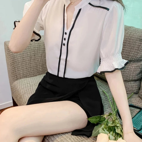 Load image into Gallery viewer, Spell Color French Style Women Blouse Princess Sleeve Summer Elegant Fashion Female Blouses Casual Simple Chic Workwear
